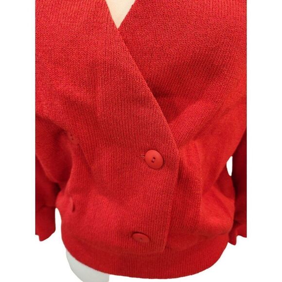Vintage 80s ASNY Red Cardigan Sweater M Padded Shoulders Double Breasted Button - Picture 2 of 5